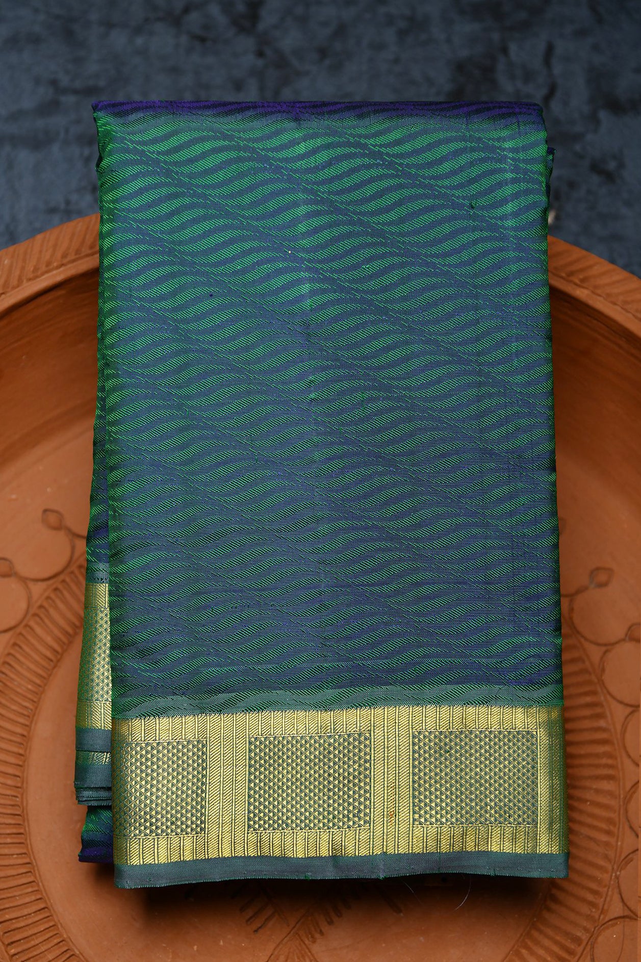 Square Design Border With Self Jacquard Dark Teal Green Kanchipuram Silk Saree
