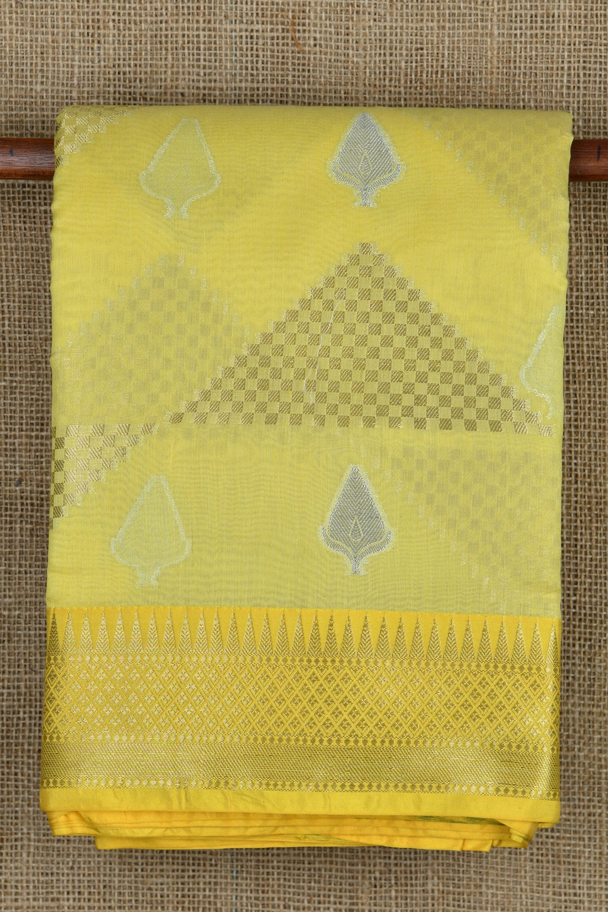 Temple Border Lemon Yellow Semi Banaras Saree