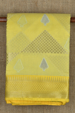 Temple Border Lemon Yellow Semi Banaras Saree