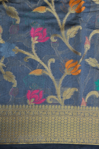 Floral Design Stone Blue Semi Banaras Saree