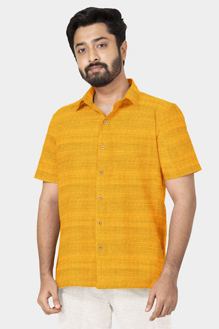 Regular Collar In Plain Mustard Semi Raw Silk Shirt