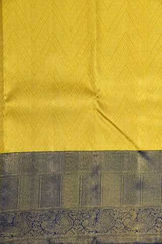 Contrast Navy Blue Peacock Border With Jacquard Chevron Design Lemon Yellow Kanchipuram Silk Saree