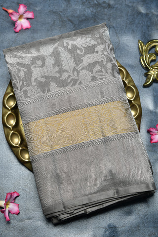 Gold And Silver Zari Border Vanasingaram Design Grey Kanchipuram Silk Saree