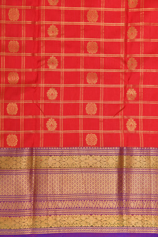 Big Border With Checks And Floral Butta Tomato Red Kanchipuram Silk Saree