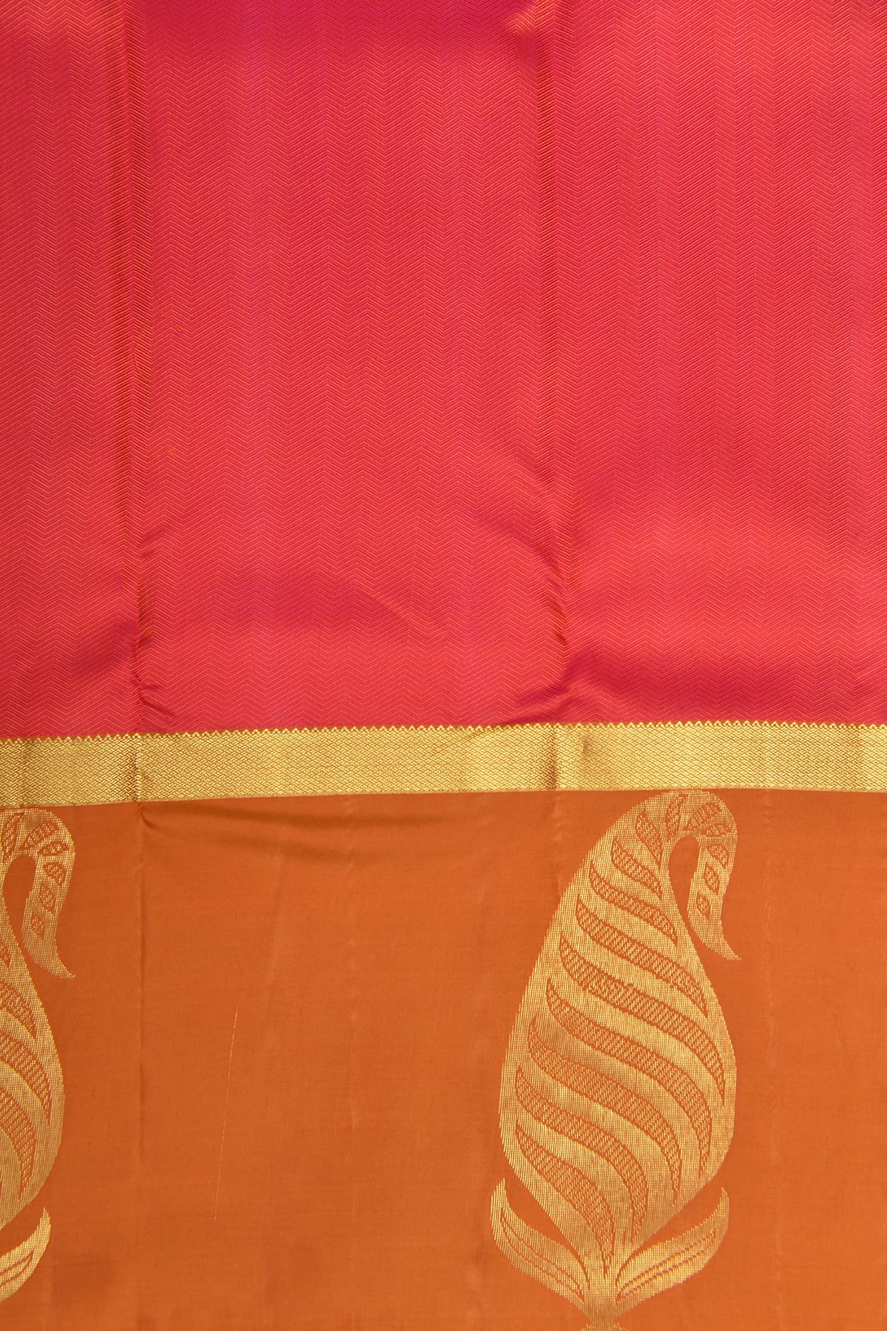 Paisley Big Border With Self Jacquard Chevron Design Coral Pink Kanchipuram Silk Saree