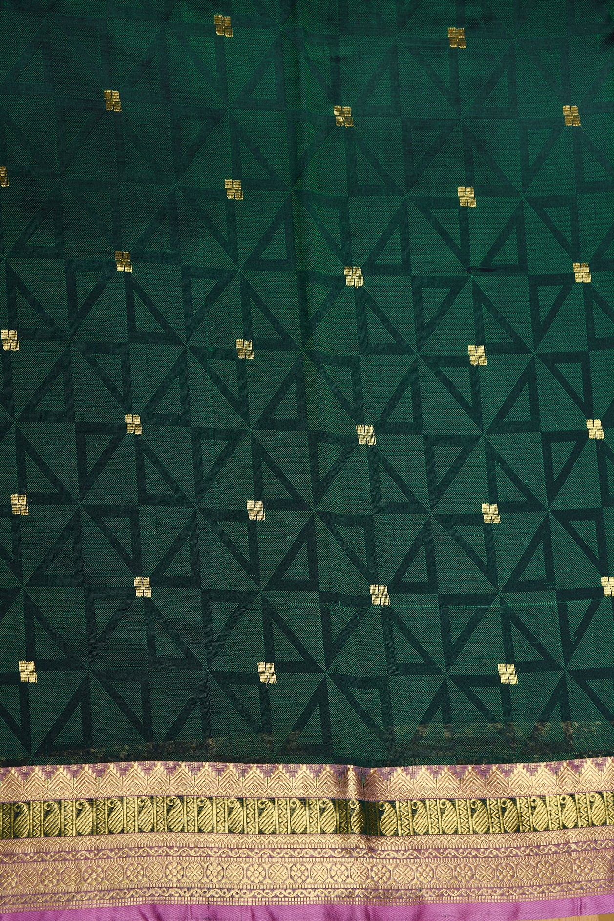 Self Geometric Pattern Bottle Green Silk Cotton Saree