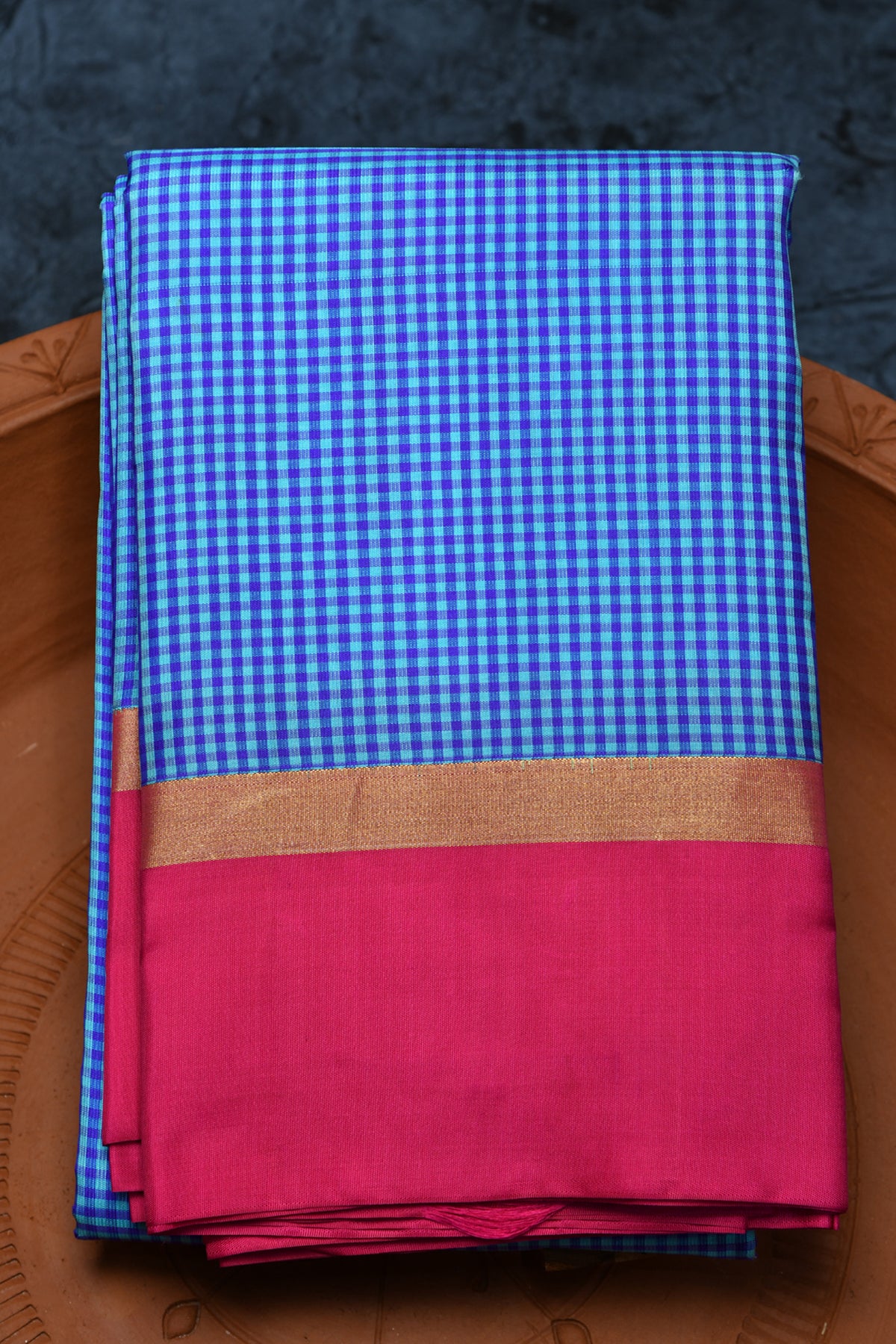 Small Checked Design Blue Kanchipuram Silk Saree
