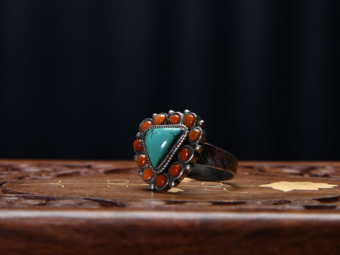 Triangle Turquoise Pure Silver Ring With Semi Precious Coral Stones