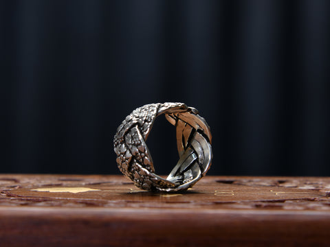 Braided Oxidised Pure Silver Ring With Embossed Hearts