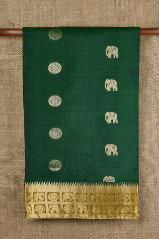 Elephant Motif Butta Rudraksh Zari Border Deep Green Soft Silk Saree