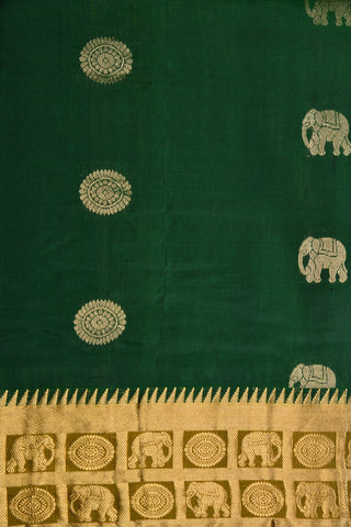 Elephant Motif Butta Rudraksh Zari Border Deep Green Soft Silk Saree