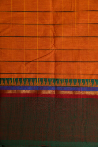 Thread Work Temple Border With Checks Floral Buttis Mango Yellow Chettinadu Cotton Saree