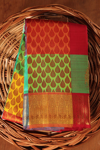 Thilagam Motif With Checked Multicolor Kanchipuram Silk Saree