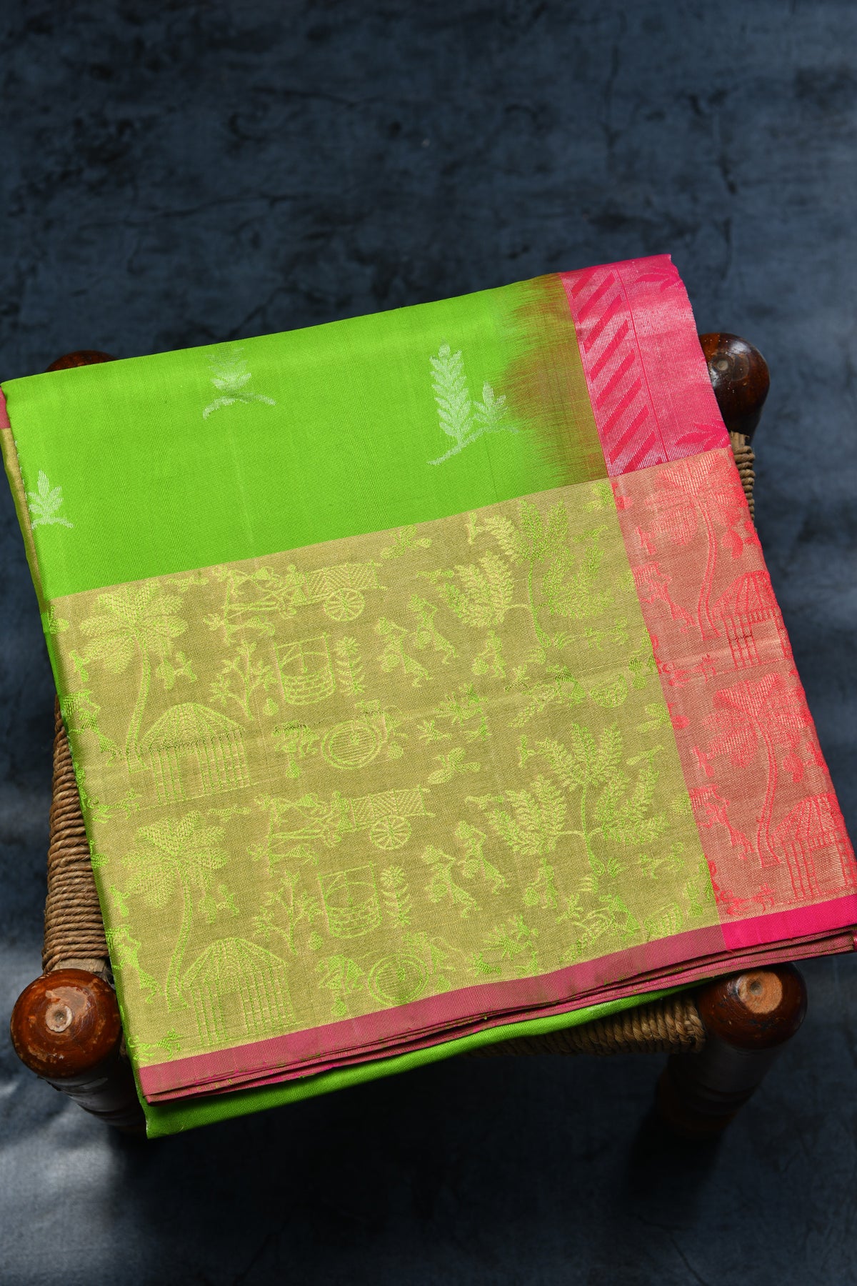 Thread Work Warli Border Design Parrot Green Soft Silk Saree
