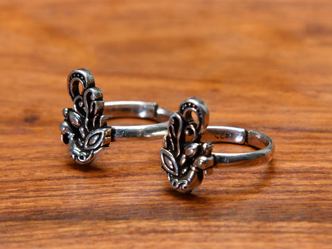 Pair Of Small Peacock Design Pure Silver Toe Rings