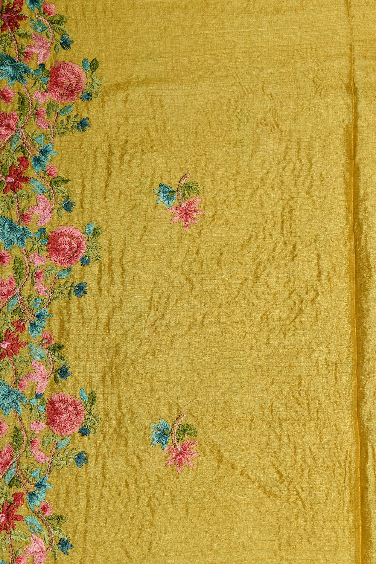 Multicolor Embroidered Border And Buttis Corn Yellow Tussar Silk Saree