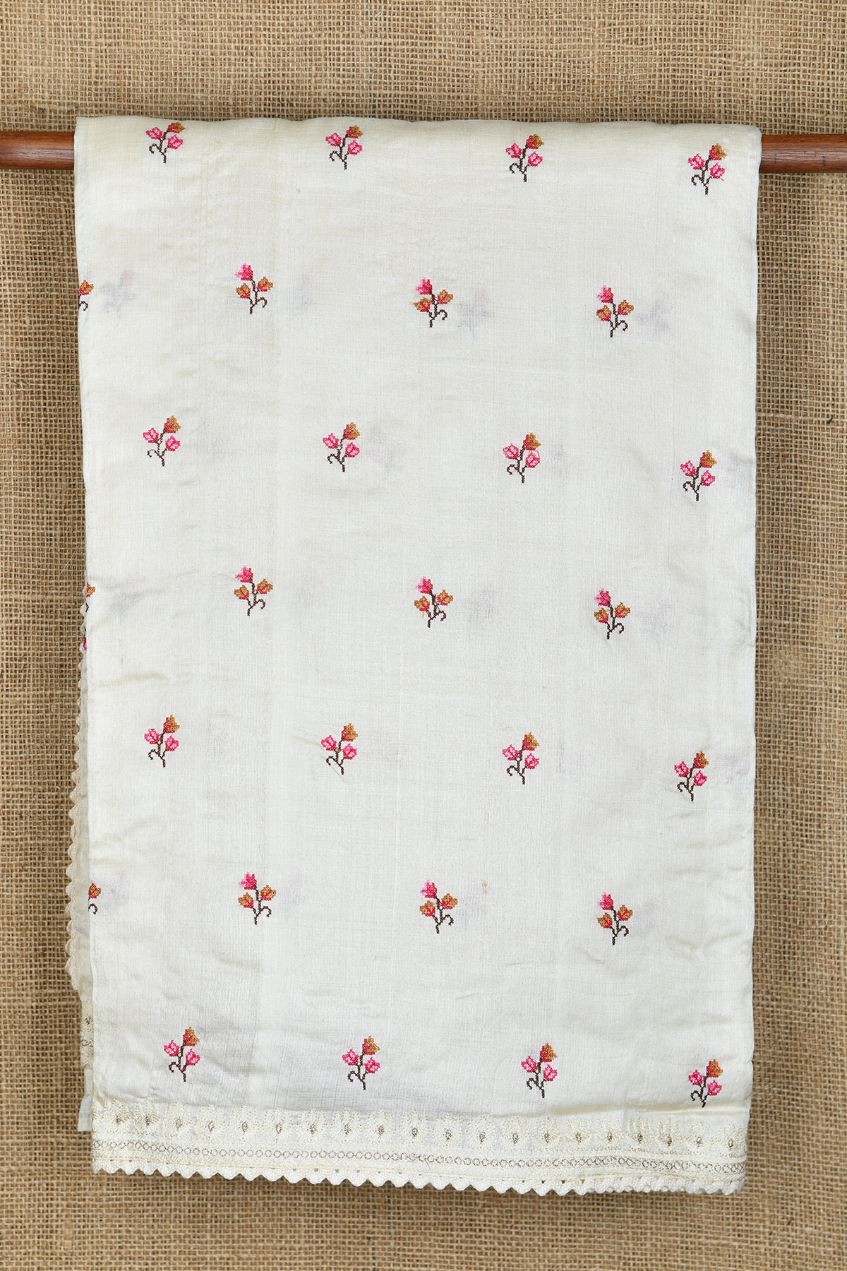 Embroidered Border And Buttis Off White Tussar Silk Saree