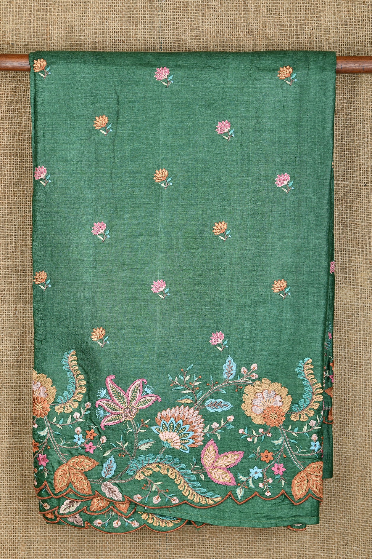 Embroidered Border With Buttis Fern Green Tussar Silk Saree