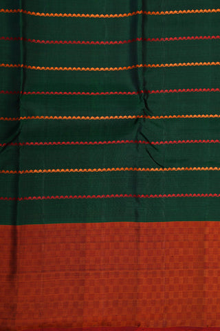 Contrast Border With Thread Work Stripes Forest Green Kanchipuram Silk Saree