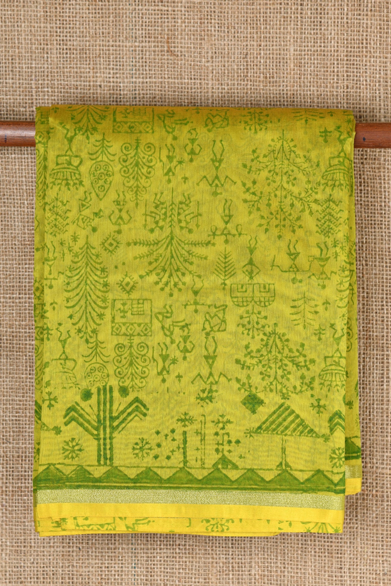 Warli Design Olive Green Chanderi Cotton Saree