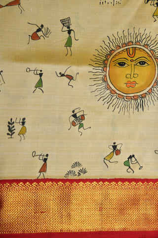 Warli Hand Painted Design Light Beige Kanchipuram Silk Saree