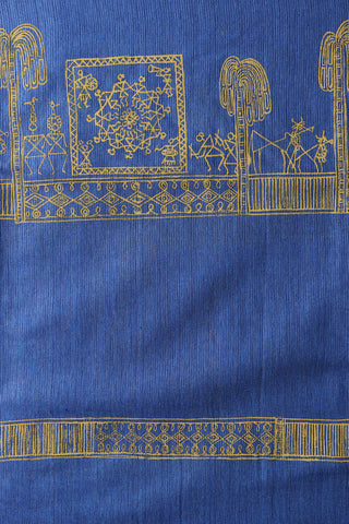 Warli Printed Design Blue Semi Linen Saree